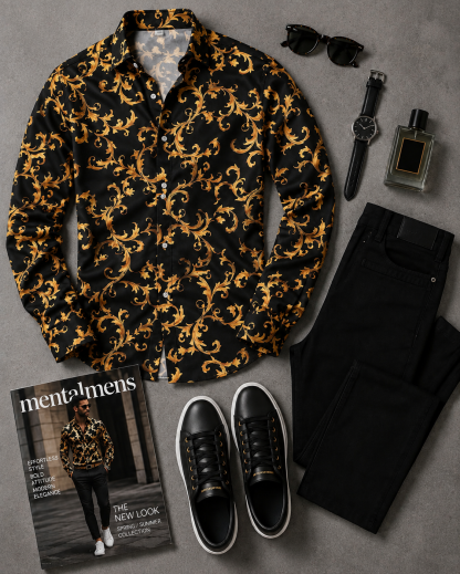 Men's Black Golden Floral Printed Long Sleeves Shirt & Black Chinos Pants Two‑Piece Set