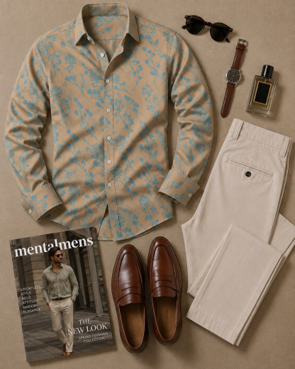Men's Khaki Blue Floral Printed Long Sleeves Shirt & Beige Chinos Pants Two‑Piece Set