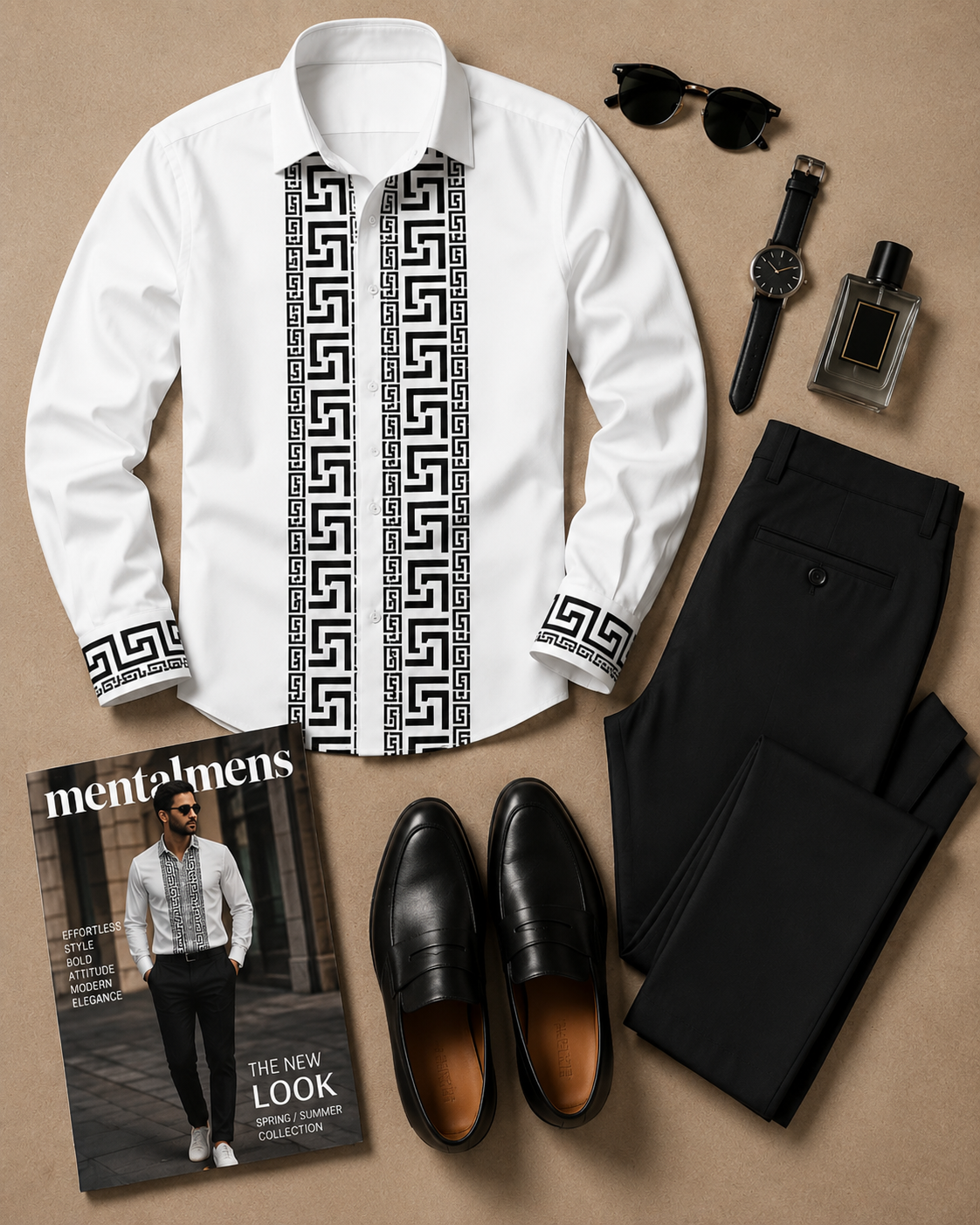 Men's Casual Color Matching Oatmeal Long Sleeves Polo Shirt & Denim Blue Jeans Pants Two Piece Set