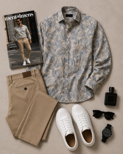Men's Blue Leaf Printed Long Sleeves Shirt & Khaki Chinos Pants Two‑Piece Set