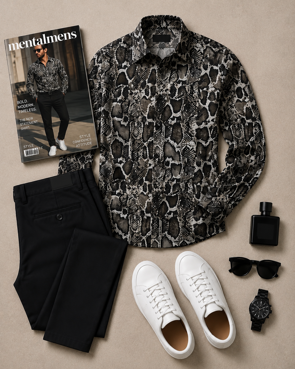 Men's Snake Skin Printed Long Sleeves Shirt & Black Chinos Pants Two‑Piece Set