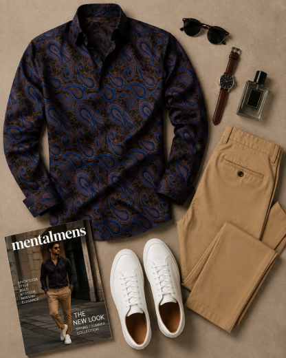 Men's Dark Paisley Printed Long Sleeves Shirt & Khaki Chinos Pants Two‑Piece Set