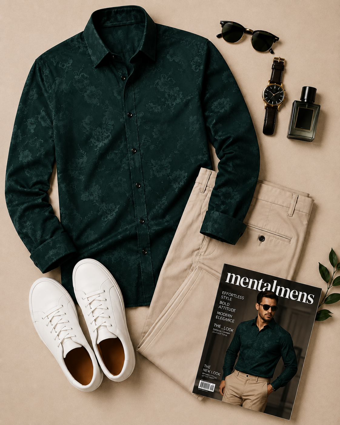 Men's Dark Green Floral Printed Long Sleeves Shirt & Khaki Chinos Pants Two‑Piece Set
