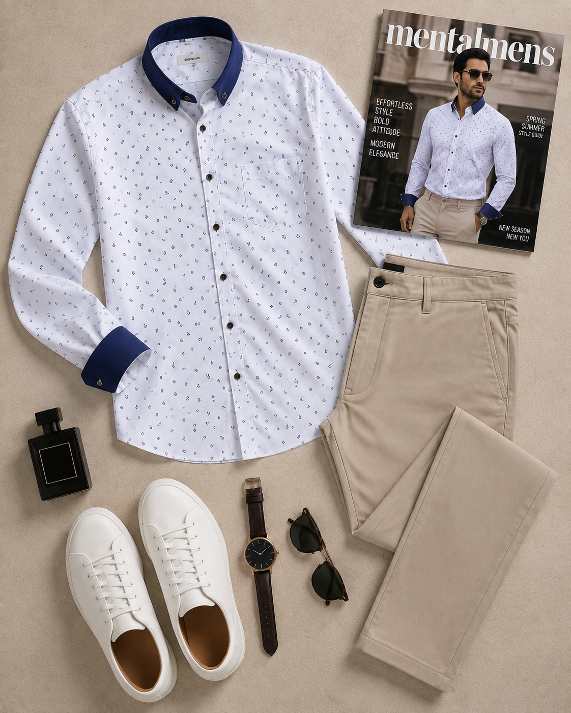 Men's White Tiny Dot Printed Long Sleeves Shirt & Beige Chinos Pants Two‑Piece Set