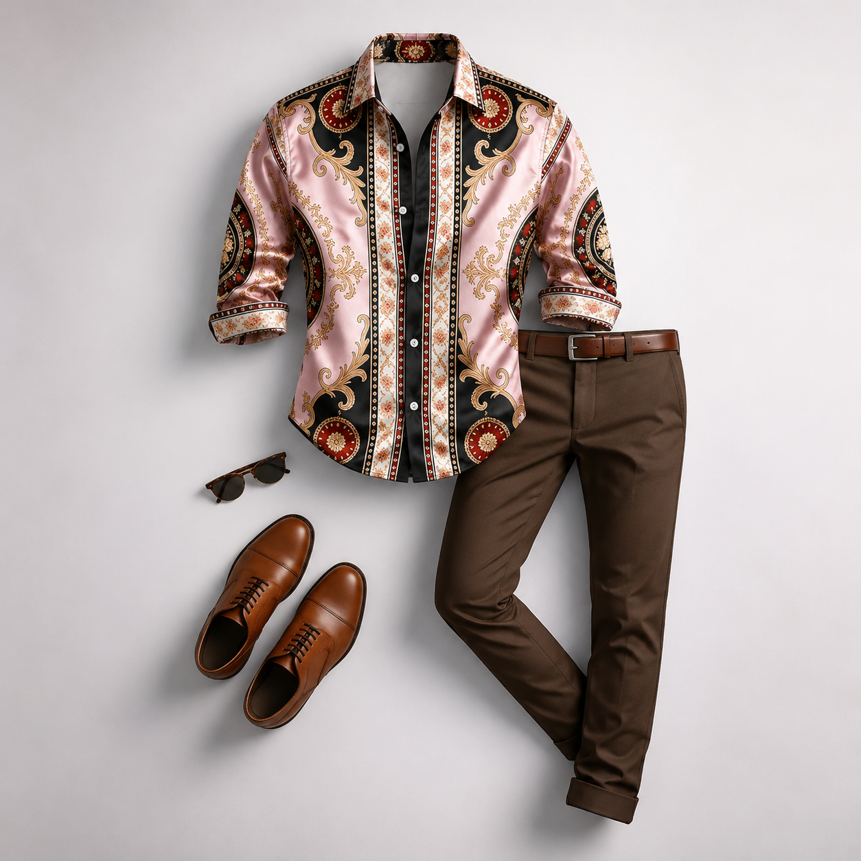 Men's Pink Baroque Printed Long Sleeves Shirt & Brown Chinos Pants Two‑Piece Set
