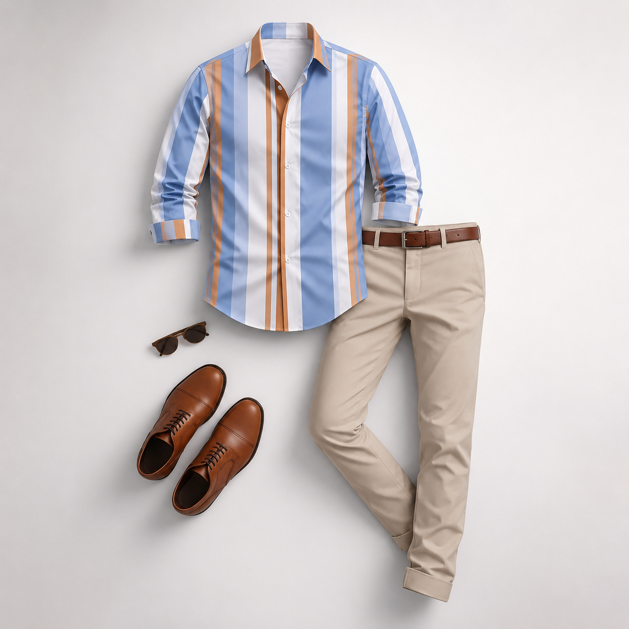 Men's Blue‑Orange Striped Long Sleeves Shirt & Beige Chinos Pants Two‑Piece Set