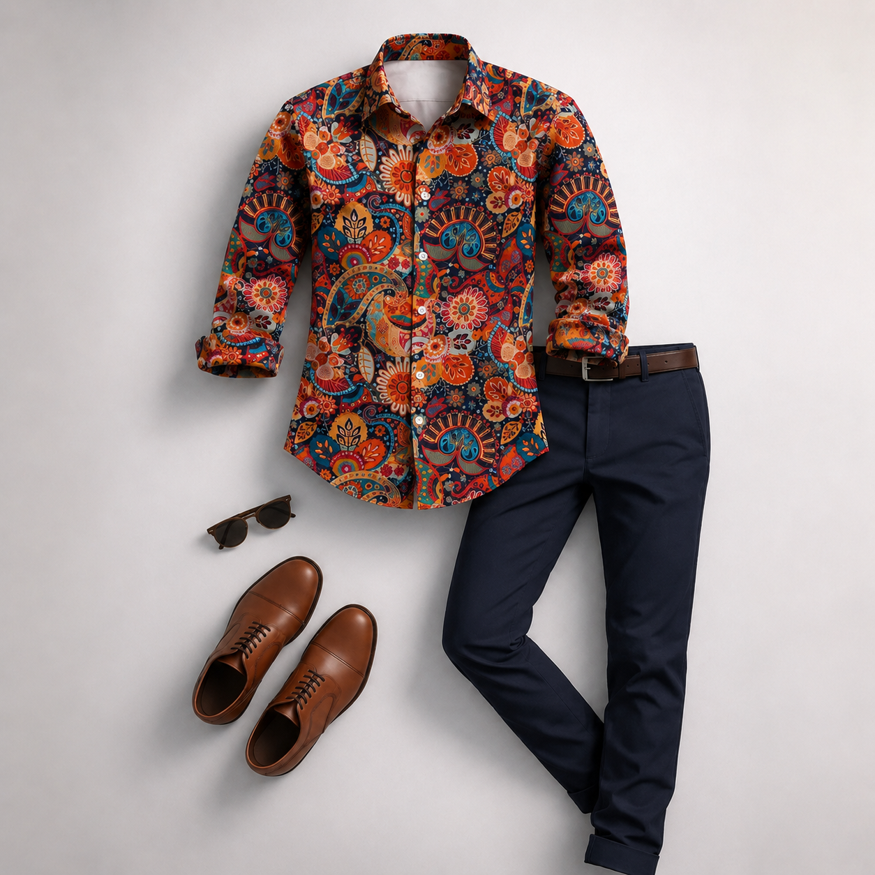 Men's Bohemian Floral Printed Long Sleeves Shirt & Navy Chinos Pants Two‑Piece Set