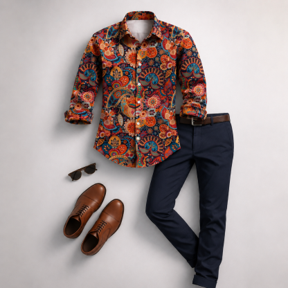 Men's Bohemian Floral Printed Long Sleeves Shirt & Navy Chinos Pants Two‑Piece Set