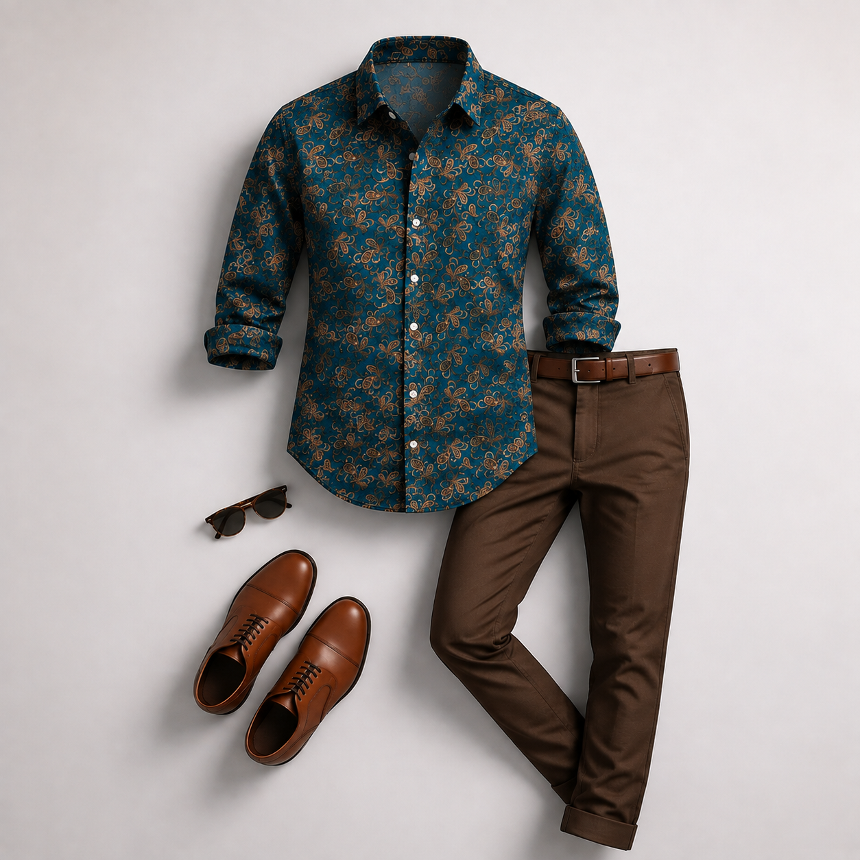 Men's Teal Floral Printed Long Sleeves Shirt & Brown Chinos Pants Two‑Piece Set