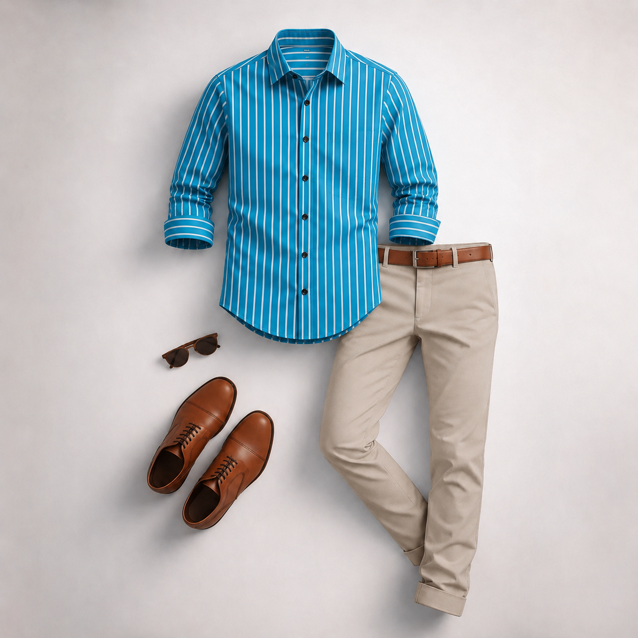 Men's Blue‑White Striped Long Sleeves Shirt & Beige Chinos Pants Two‑Piece Set