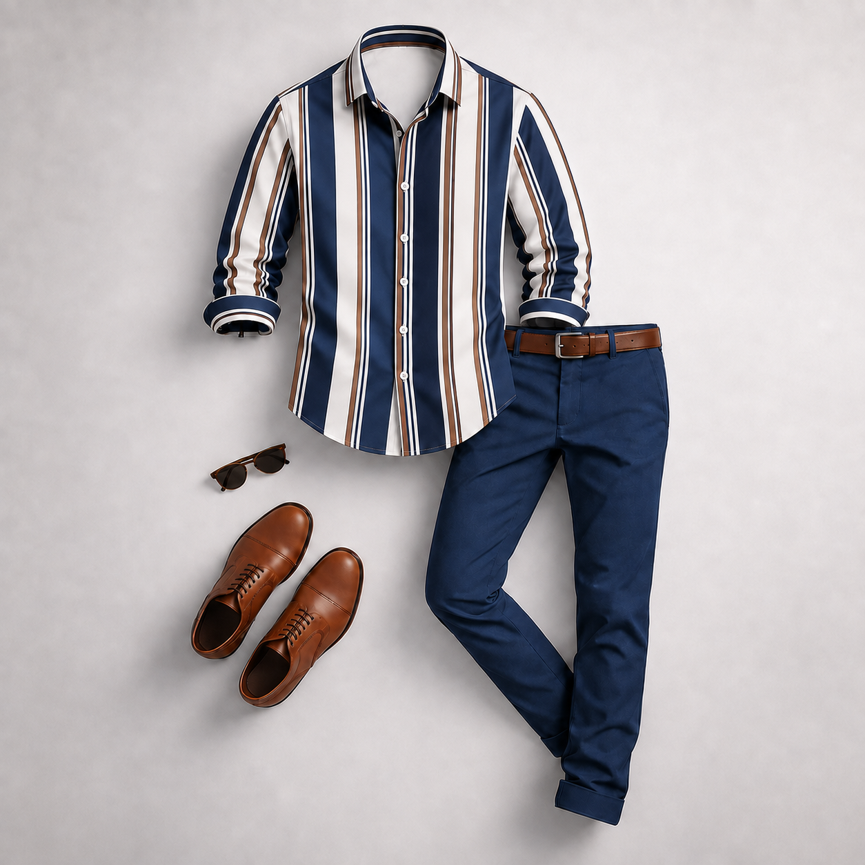 Men's Navy‑Brown Striped Long Sleeves Shirt & Navy Chinos Pants Two‑Piece Set