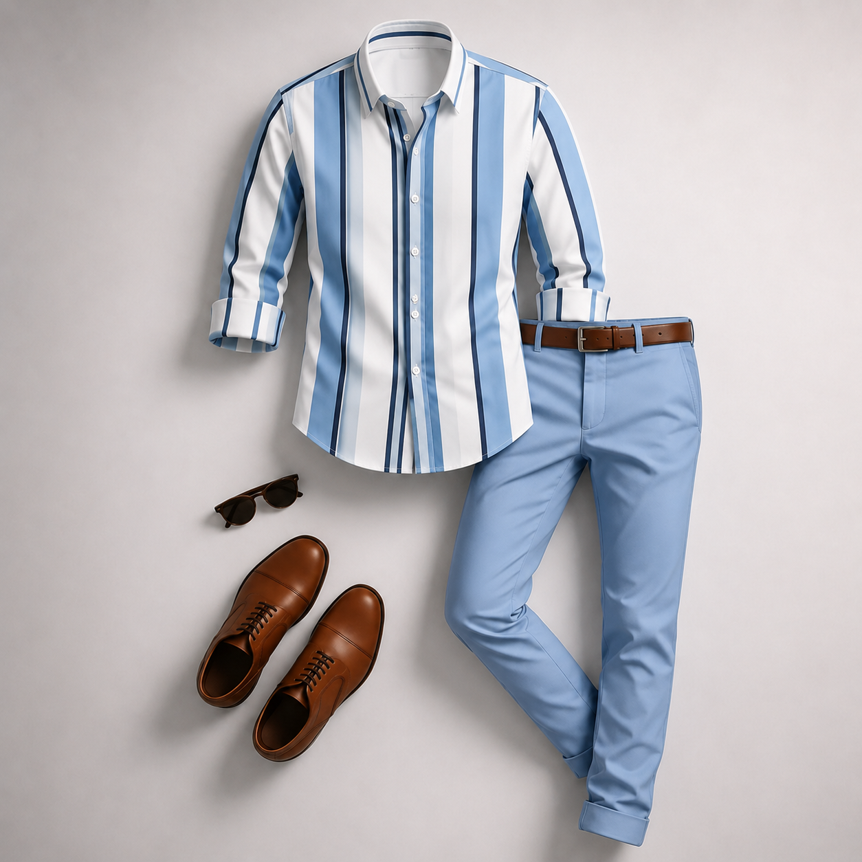 Men's Blue‑White Striped Long Sleeves Shirt & Light Blue Chinos Pants Two‑Piece Set