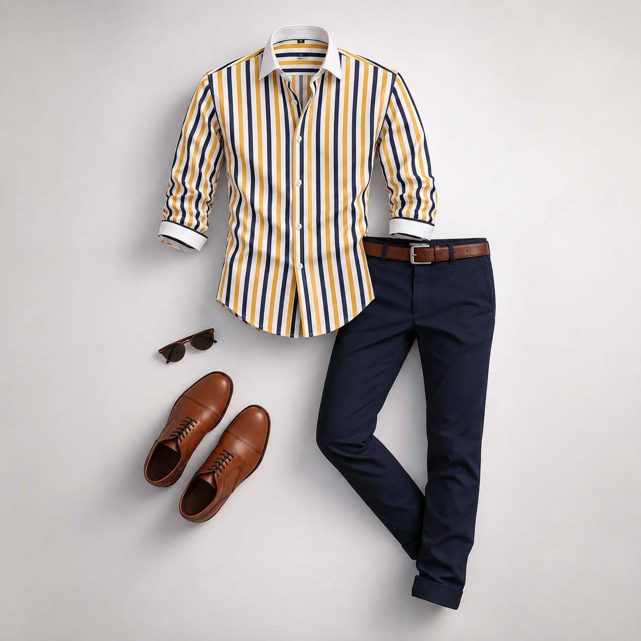 Men's Yellow‑Navy Striped Long Sleeves Shirt & Navy Chinos Pants Two‑Piece Set