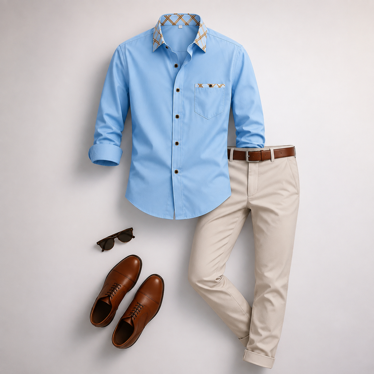 Men's Light Blue Contrast Collar Long Sleeves Shirt & Beige Chinos Pants Two‑Piece Set