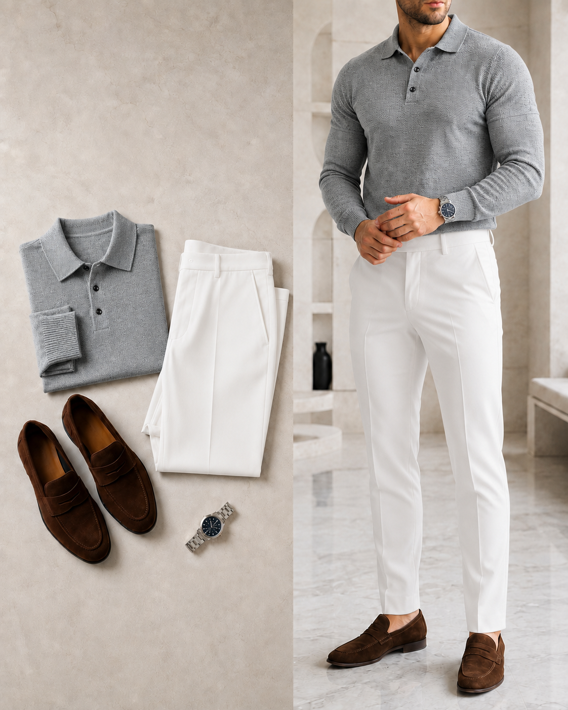 Men's Casual Color Gray Long Sleeves Knit Polo Shirt & White Chino Pants Two Piece Set