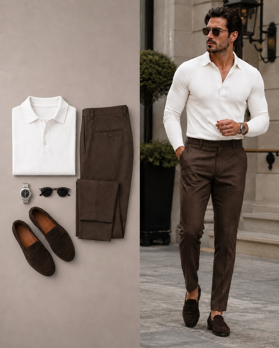 Men's Casual Color White Black Long Sleeves Knit Polo Shirt & Brown Chino Pants Two Piece Set