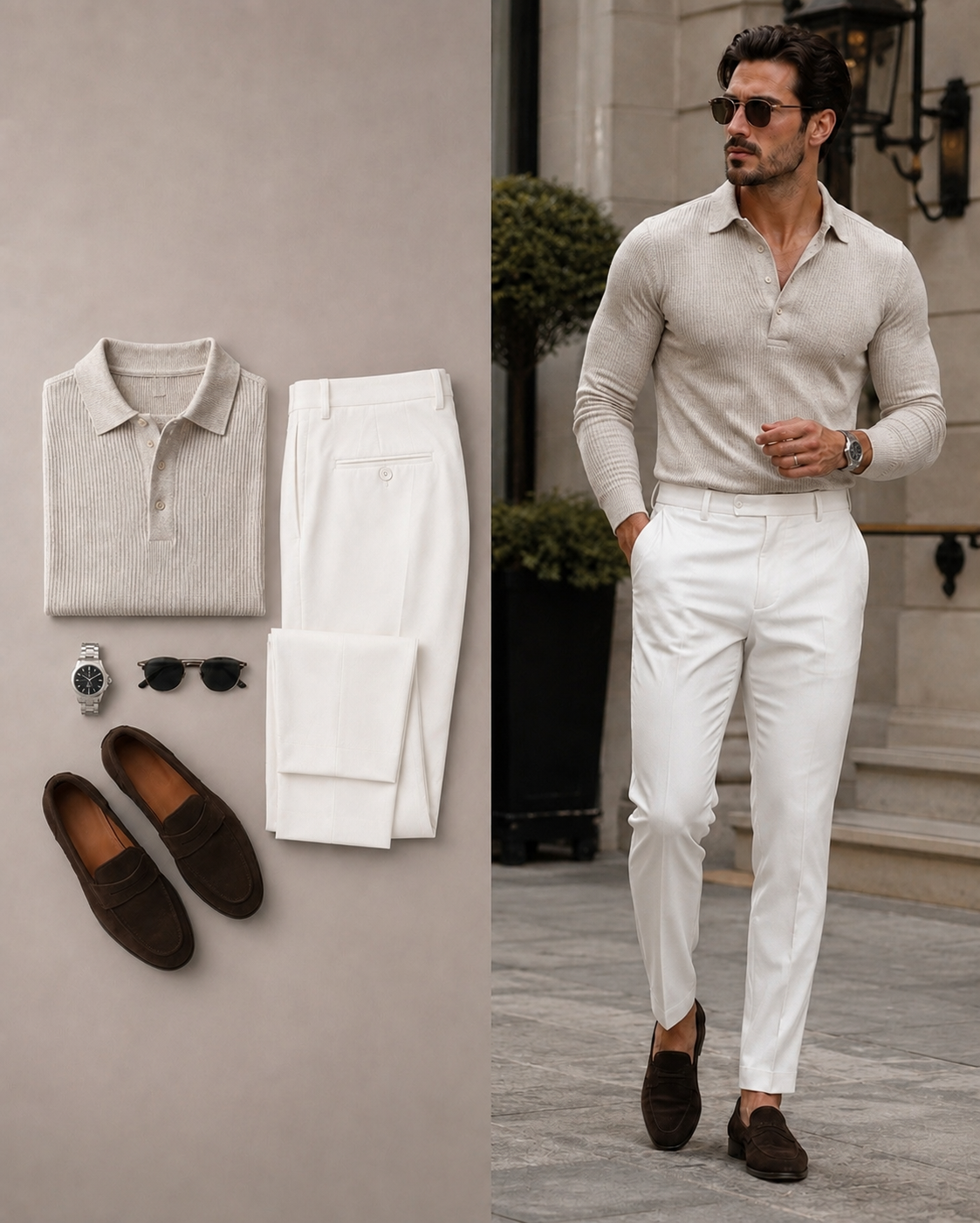 Men's Casual Color Beige Black Long Sleeves Knit Polo Shirt & White Chino Pants Two Piece Set
