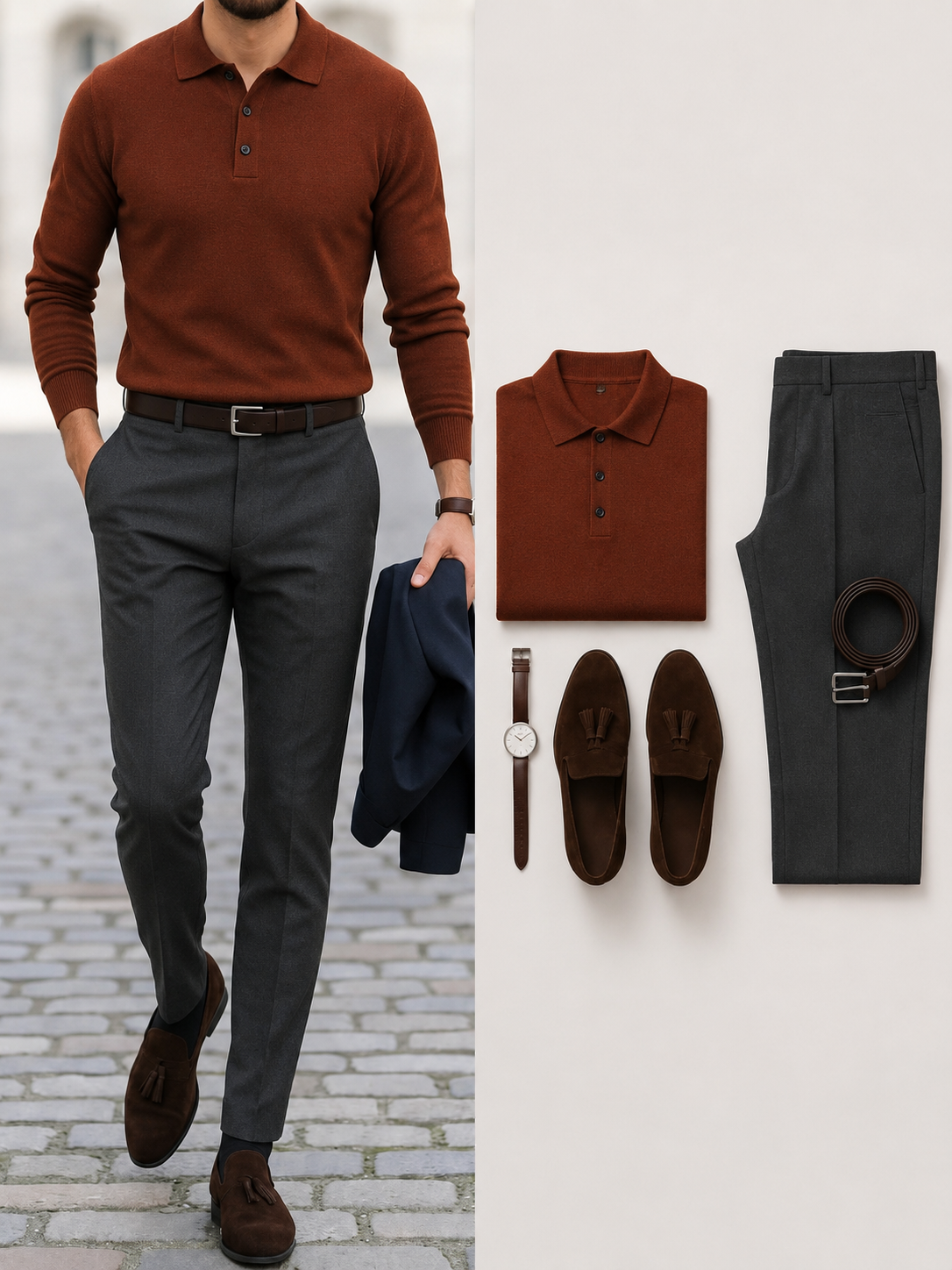 Men's Casual Color Orange Long Sleeves Knit Polo Shirt & Gray Chino Pants Two Piece Set