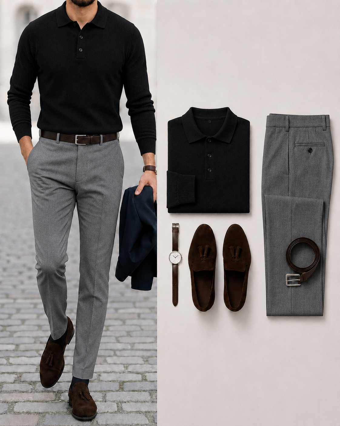 Men's Casual Color Black Long Sleeves Knit Polo Shirt & Gray Chino Pants Two Piece Set