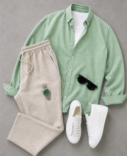 Men's Solid Color Long Sleeves Shirt & Drawstring Pants Two‑Piece Set