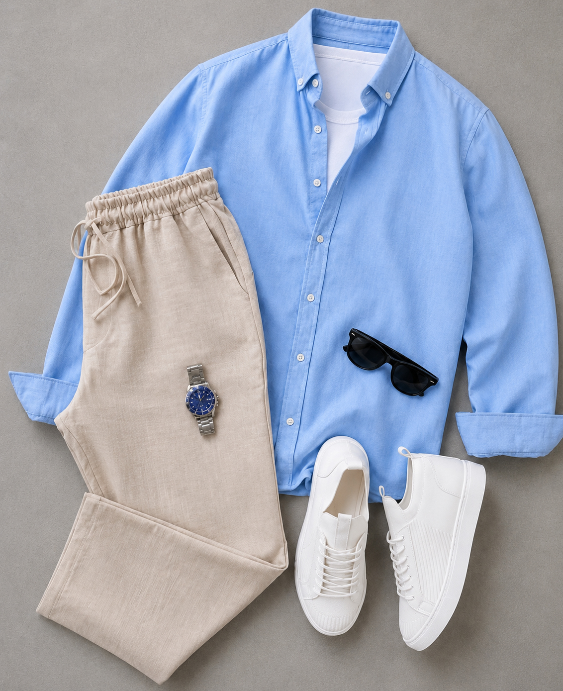 Men's Solid Color Long Sleeves Shirt & Drawstring Pants Two‑Piece Set
