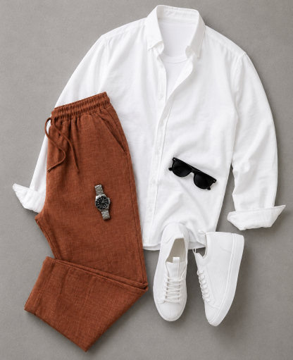 Men's Solid Color Long Sleeves Shirt & Drawstring Pants Two‑Piece Set