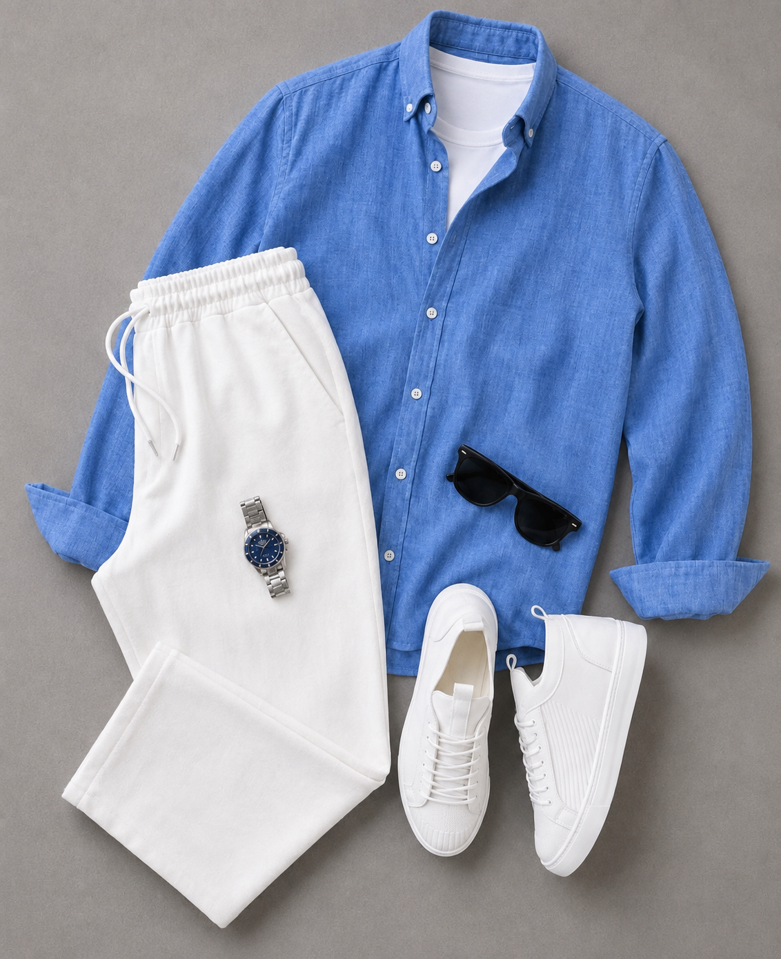 Men's Solid Color Long Sleeves Shirt & Drawstring Pants Two‑Piece Set