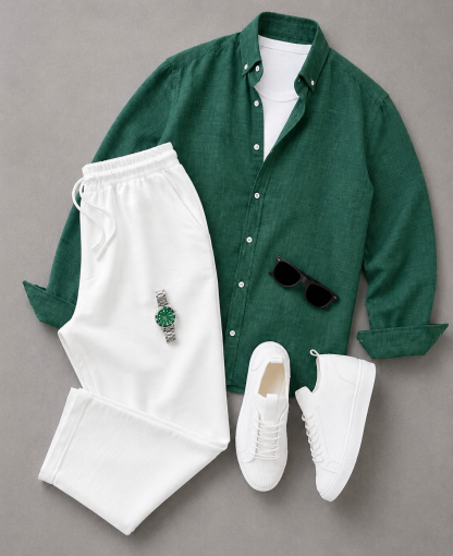 Men's Solid Color Long Sleeves Shirt & Drawstring Pants Two‑Piece Set