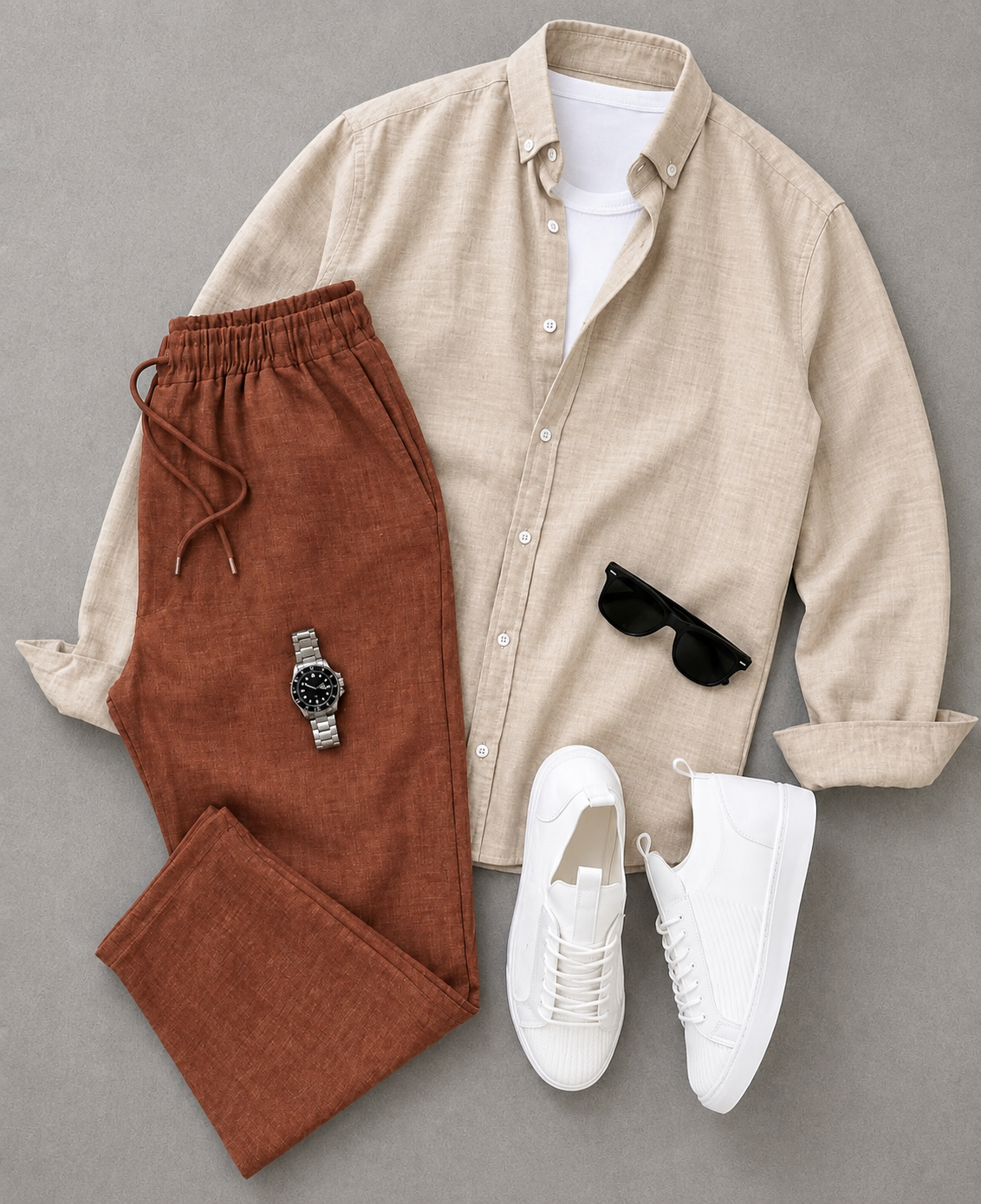 Men's Solid Color Long Sleeves Shirt & Drawstring Pants Two‑Piece Set