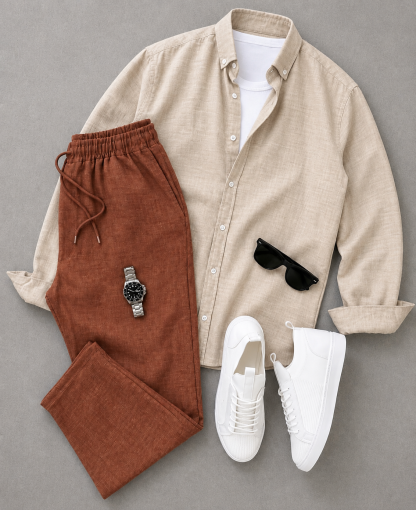 Men's Solid Color Long Sleeves Shirt & Drawstring Pants Two‑Piece Set
