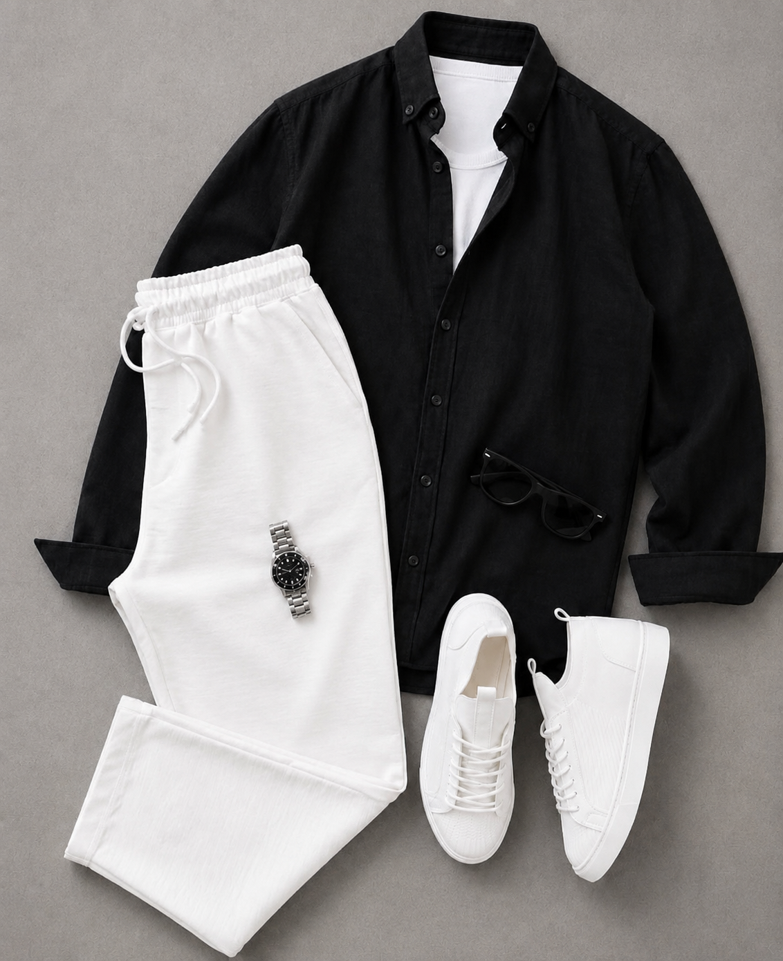 Men's Solid Color Long Sleeves Shirt & Drawstring Pants Two‑Piece Set