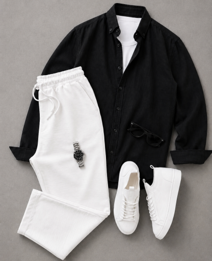 Men's Solid Color Long Sleeves Shirt & Drawstring Pants Two‑Piece Set