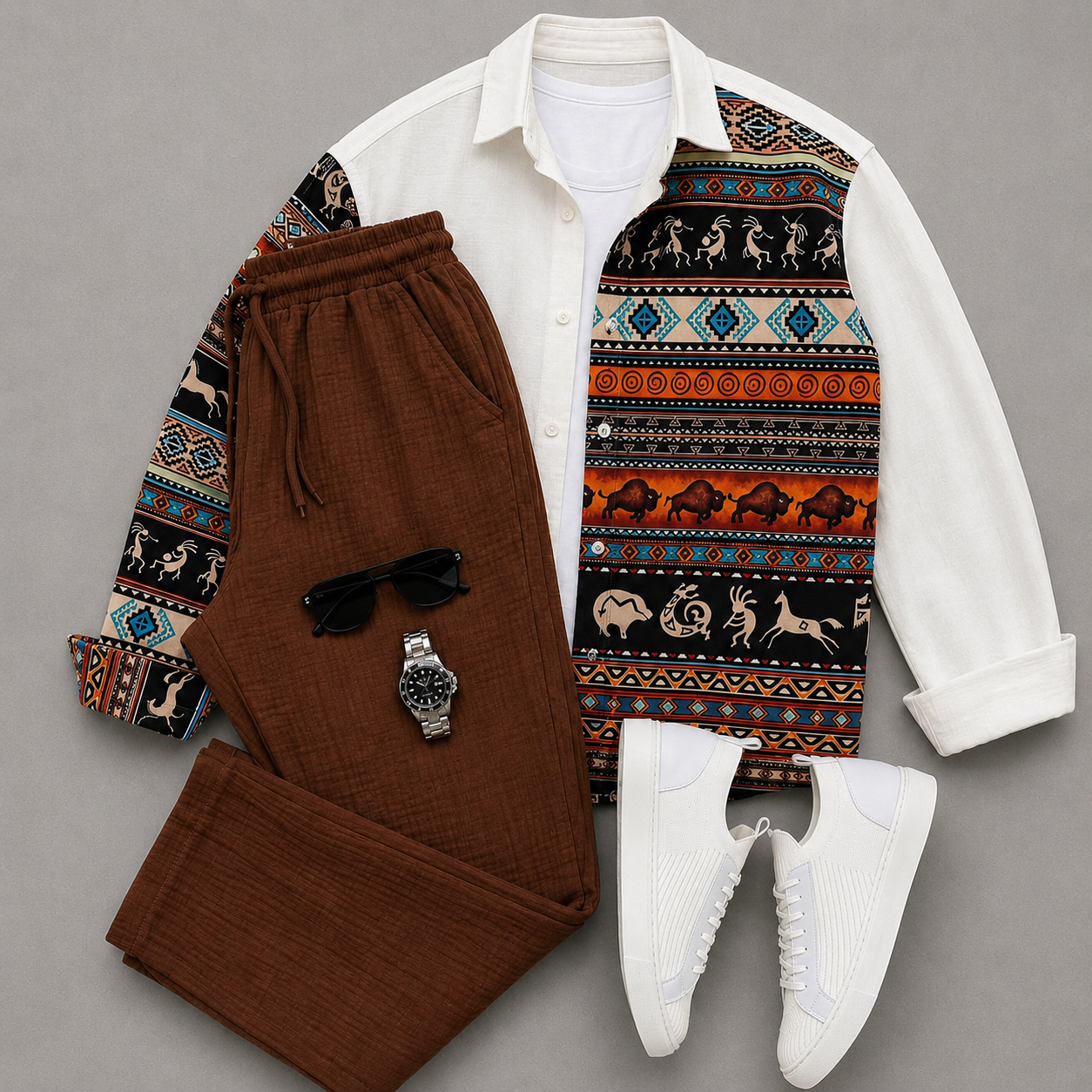 [Copy]Men's Casual Long Sleeves Shirt & Chinos Pants Two‑Piece Set