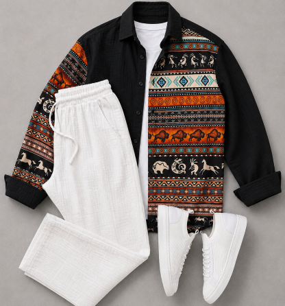 [Copy]Men's Casual Long Sleeves Shirt & Chinos Pants Two‑Piece Set