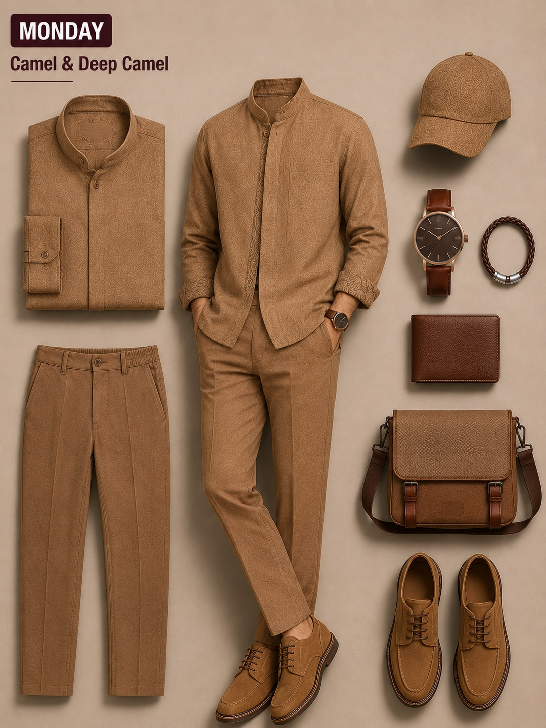 Men's Mandarin Collar Jacquard Shirt Jacket And Solid Color Casual Trousers Two‑Piece Set