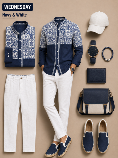 Men's Mandarin Collar Color‑Block Printed Shirt Jacket And Solid Color Casual Trousers Two‑Piece Set