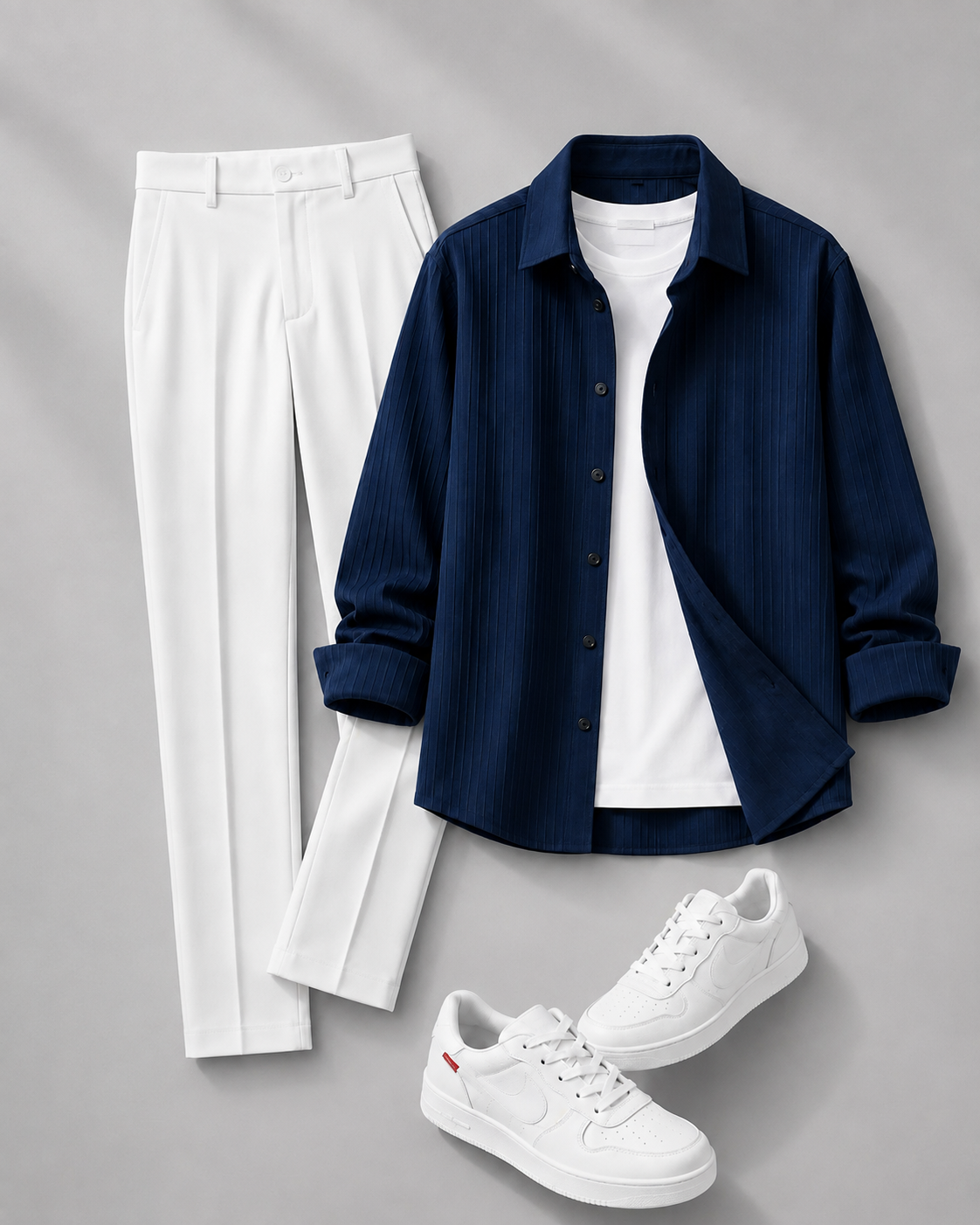 Men's Casual Long Sleeves Shirt & White Dress Pants Two‑Piece Set