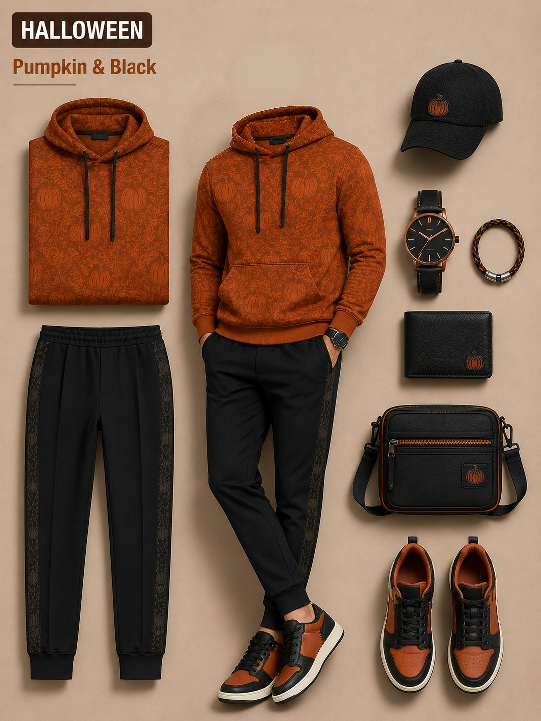 Men's Halloween Pumpkin Print Hoodie And Jogger Pants Two‑Piece Set