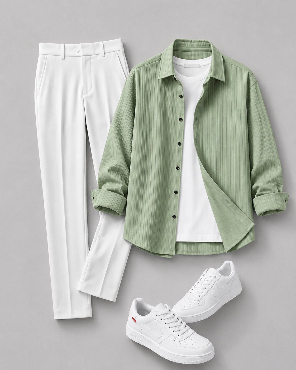 Men's Casual Long Sleeves Shirt & White Dress Pants Two‑Piece Set