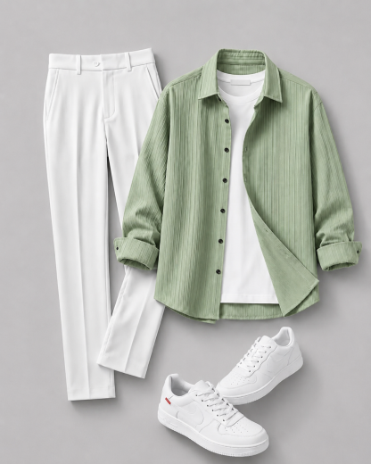 Men's Casual Long Sleeves Shirt & White Dress Pants Two‑Piece Set