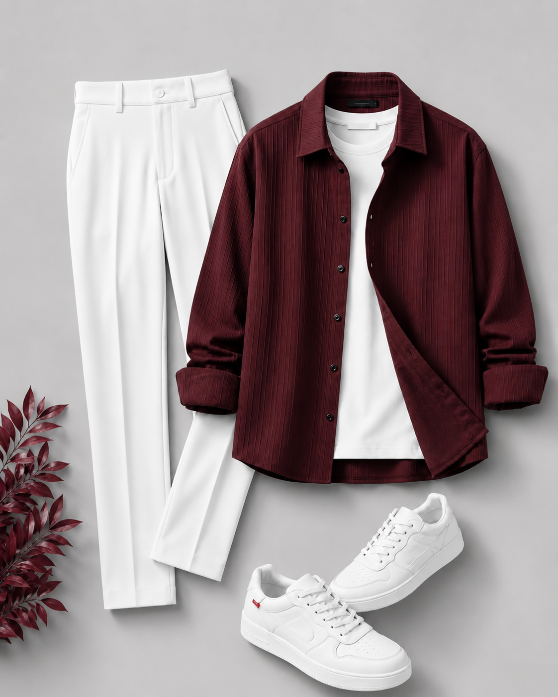 Men's Casual Long Sleeves Shirt & White Dress Pants Two‑Piece Set