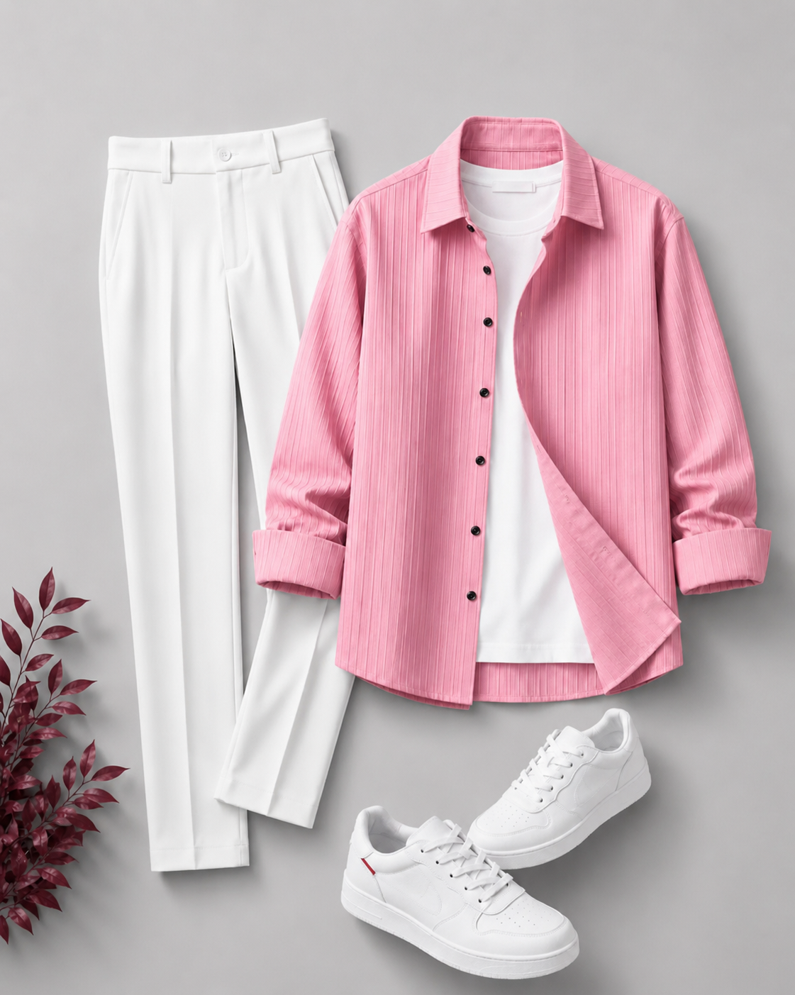 Men's Casual Long Sleeves Shirt & White Dress Pants Two‑Piece Set