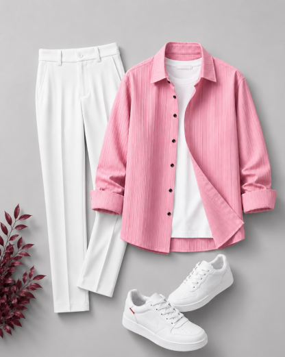 Men's Casual Long Sleeves Shirt & White Dress Pants Two‑Piece Set