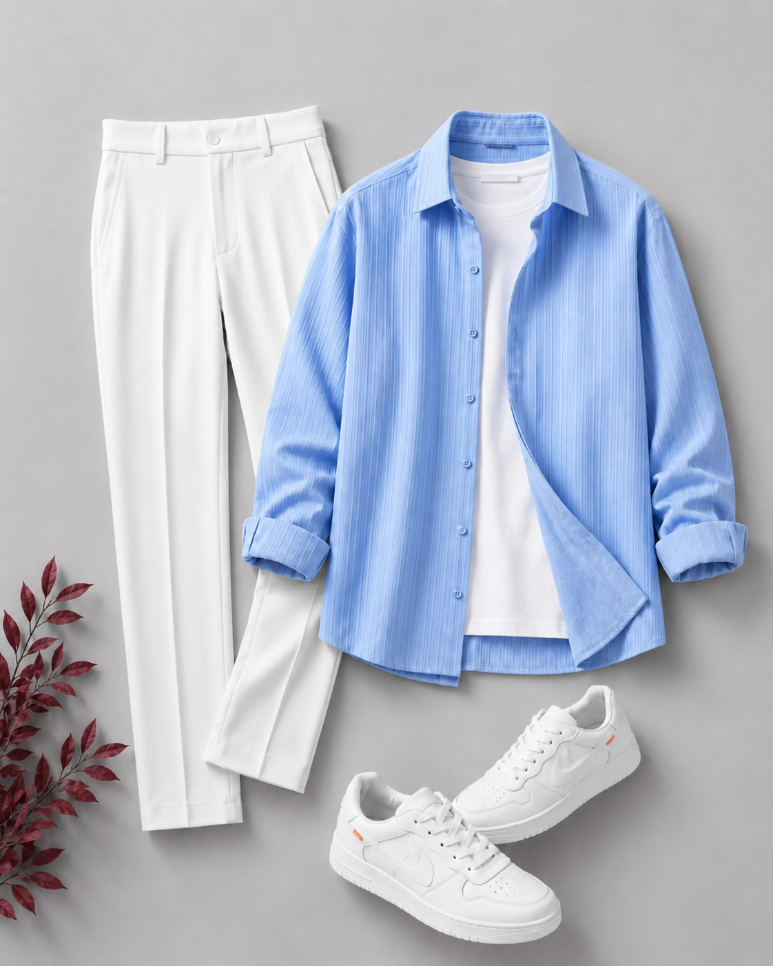 Men's Casual Long Sleeves Shirt & White Dress Pants Two‑Piece Set