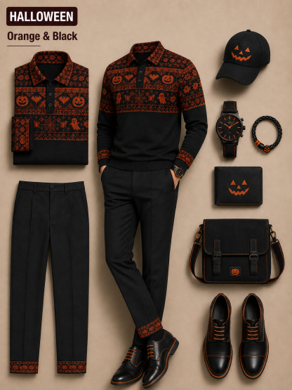 Men's Halloween Jacquard Polo Knit Sweater And Pleated Casual Trousers Two‑Piece Set