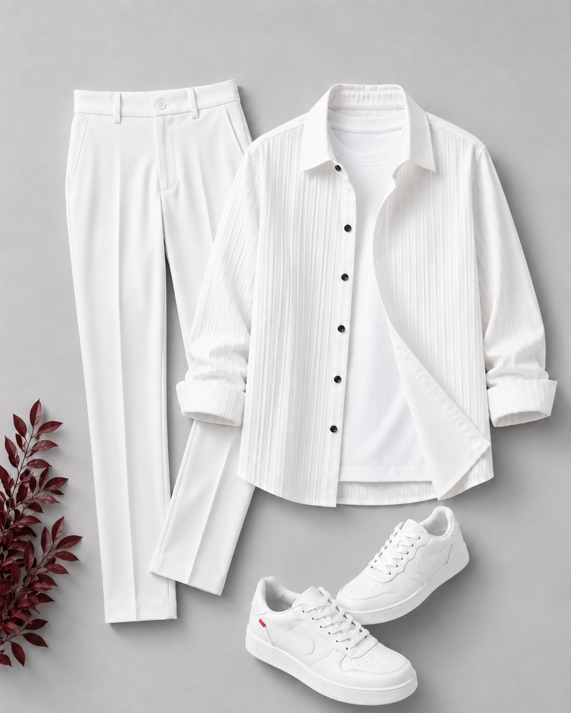 Men's Casual Long Sleeves Shirt & White Dress Pants Two‑Piece Set