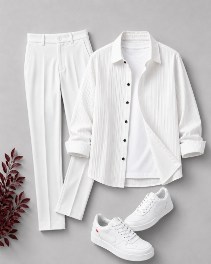 Men's Casual Long Sleeves Shirt & White Dress Pants Two‑Piece Set