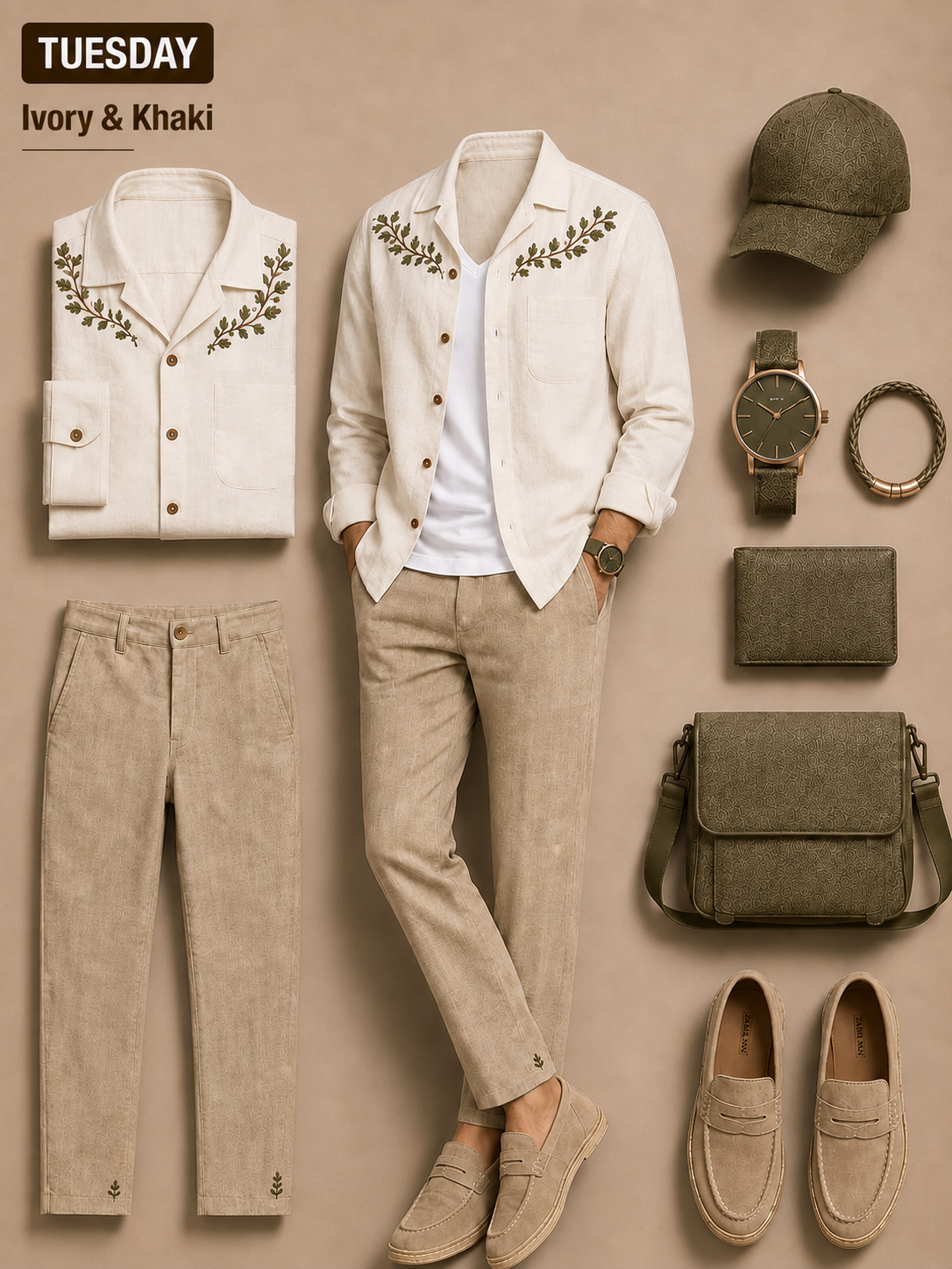 Men's Camp Collar Embroidered Shirt Jacket And Solid Color Casual Trousers Two‑Piece Set