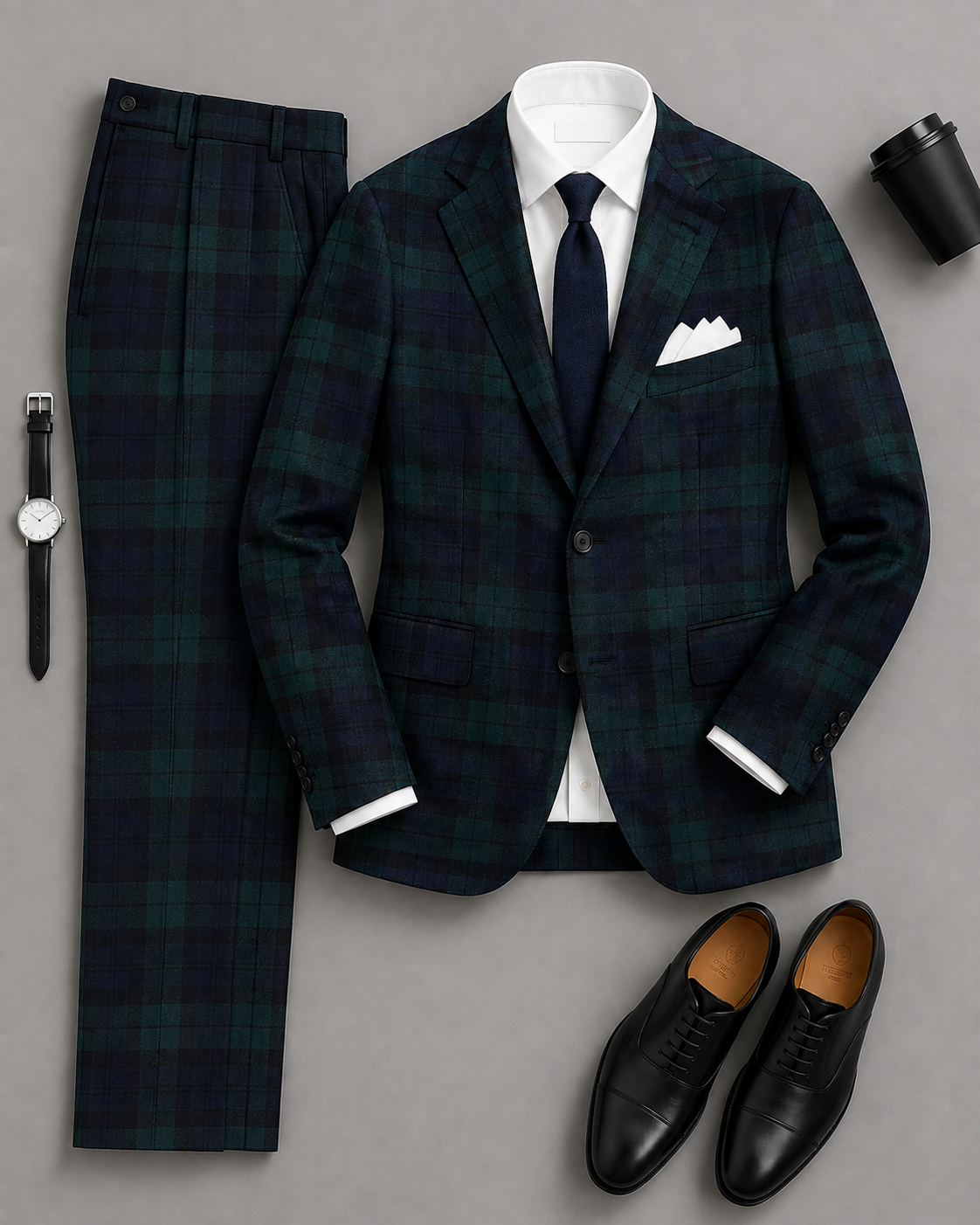 Men's Plaid Notched Lapel Suit Jacket & Dress Pants Two‑Piece Set