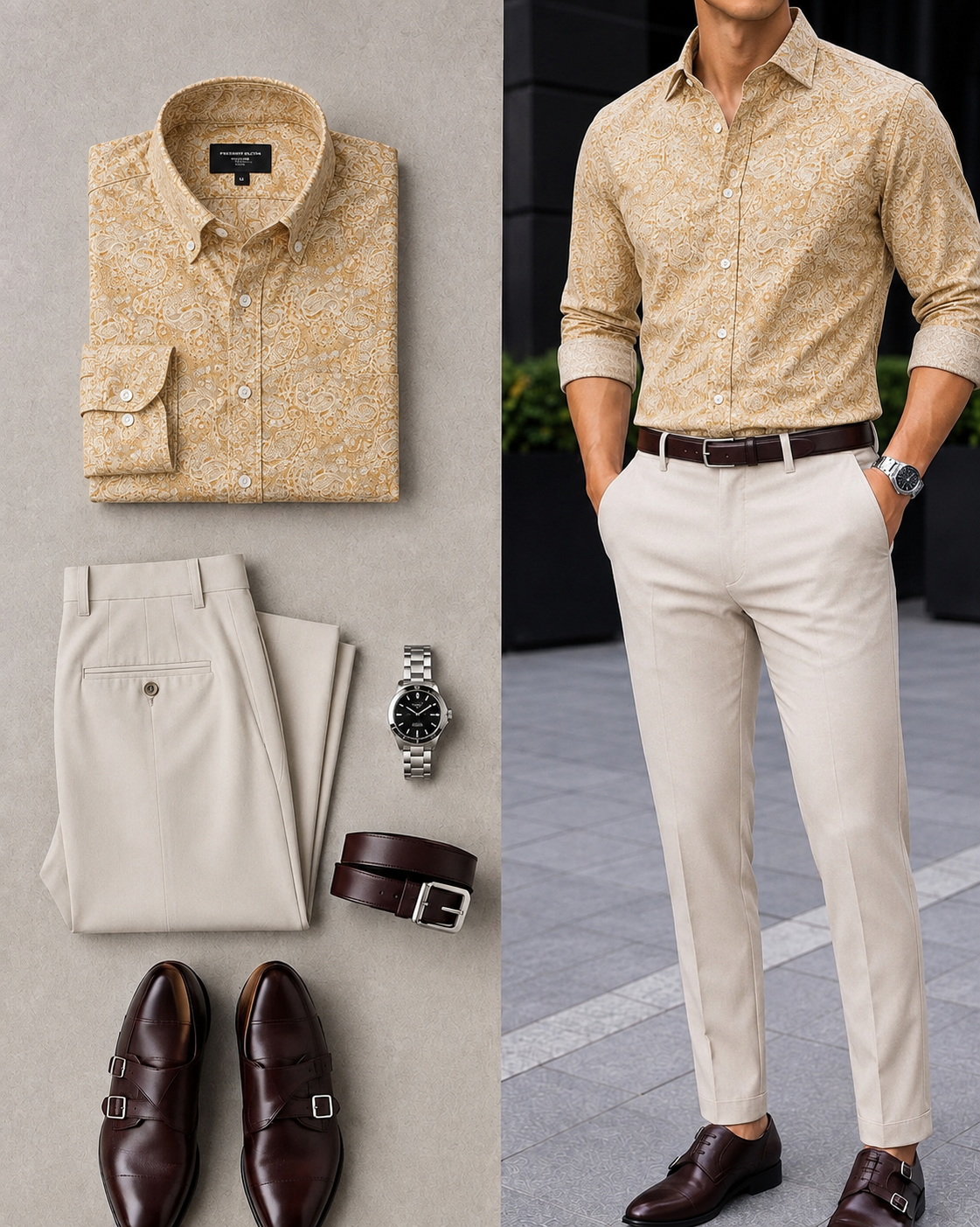 Men's Casual Color Matching Oatmeal Long Sleeves Polo Shirt & Denim Blue Jeans Pants Two Piece Set